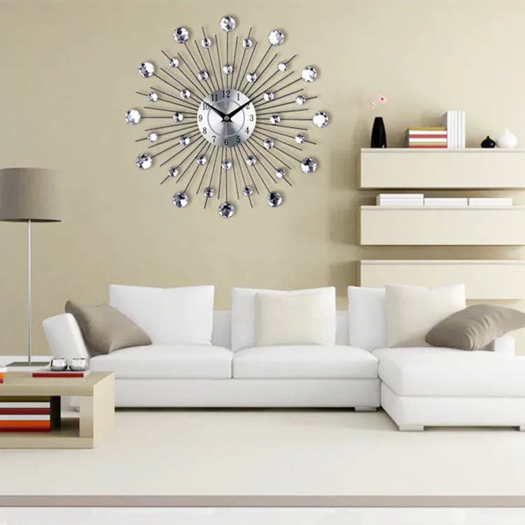 Silver round wall clock with metal frame and pointer display, 33cm in diameter