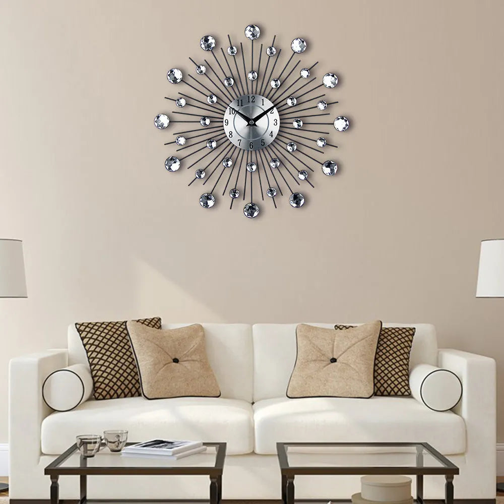 Silver round wall clock with metal frame and pointer display, 33cm in diameter