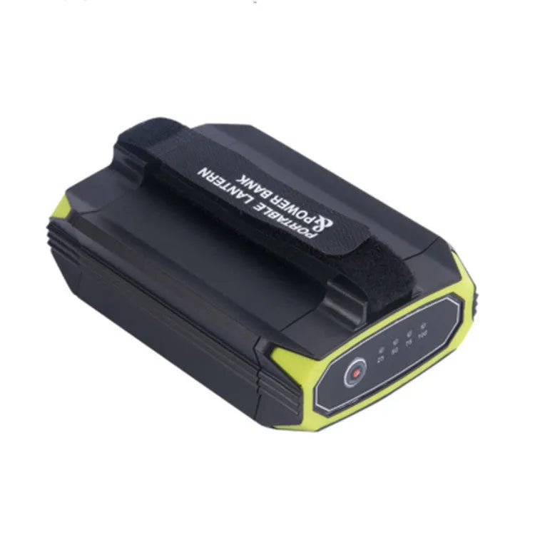 Green rechargeable camping light with power bank function showing dimensions