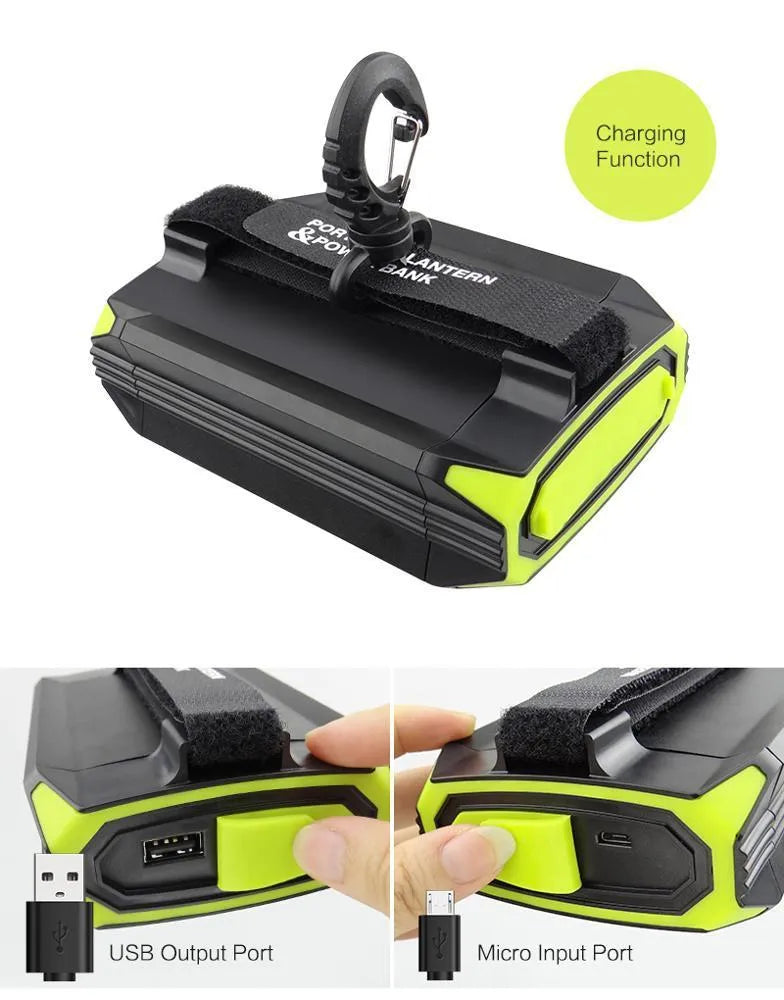 Green rechargeable camping light with power bank function showing dimensions
