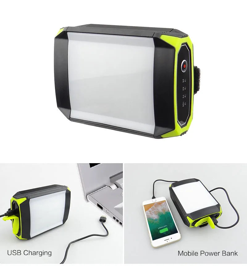 Green rechargeable camping light with power bank function showing dimensions