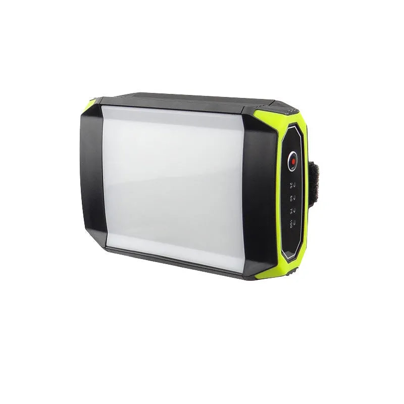 Green rechargeable camping light with power bank function showing dimensions