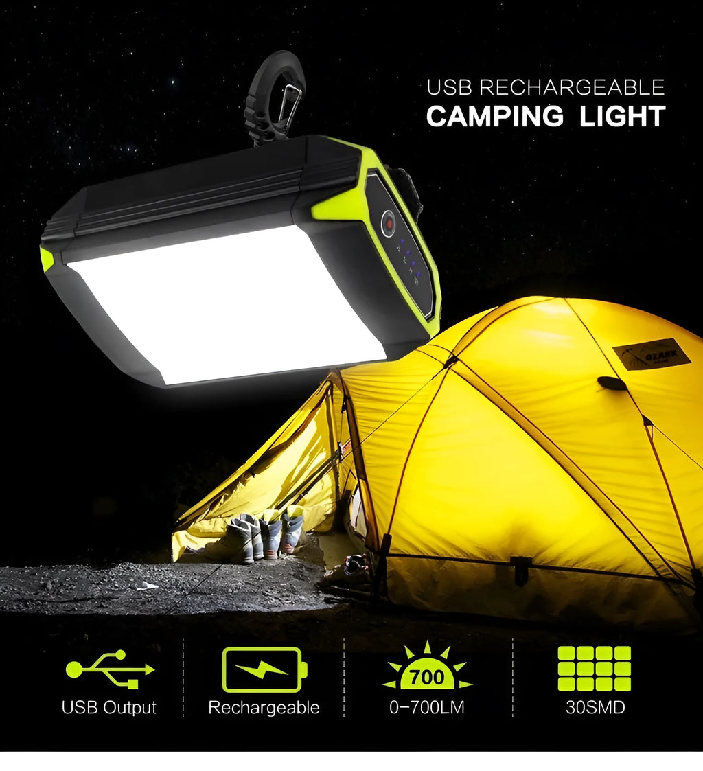 Green rechargeable camping light with power bank function showing dimensions