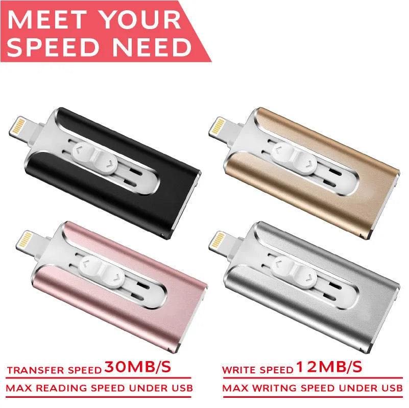 Metal three-in-one USB flash drive with both USB and Lightning connectors for iPhone, Android, and computer.