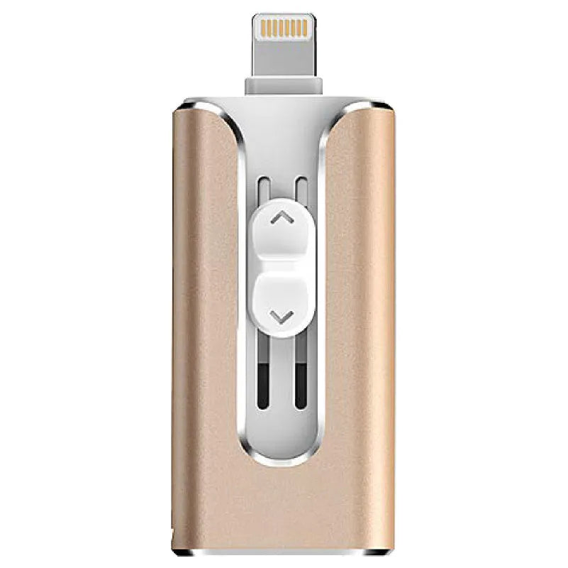 Metal three-in-one USB flash drive with both USB and Lightning connectors for iPhone, Android, and computer.