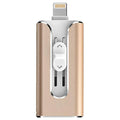 Metal three-in-one USB flash drive with both USB and Lightning connectors for iPhone, Android, and computer.