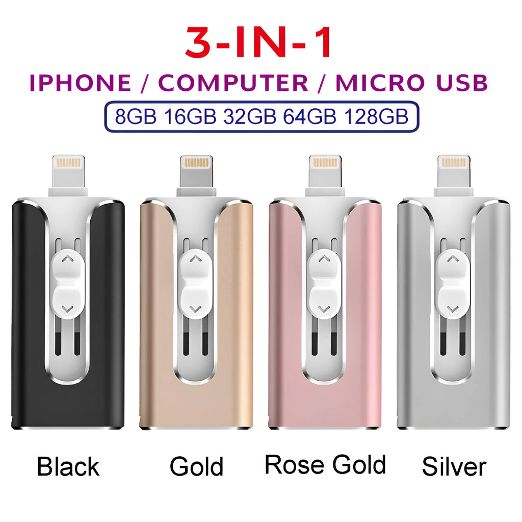 Metal three-in-one USB flash drive with both USB and Lightning connectors for iPhone, Android, and computer.