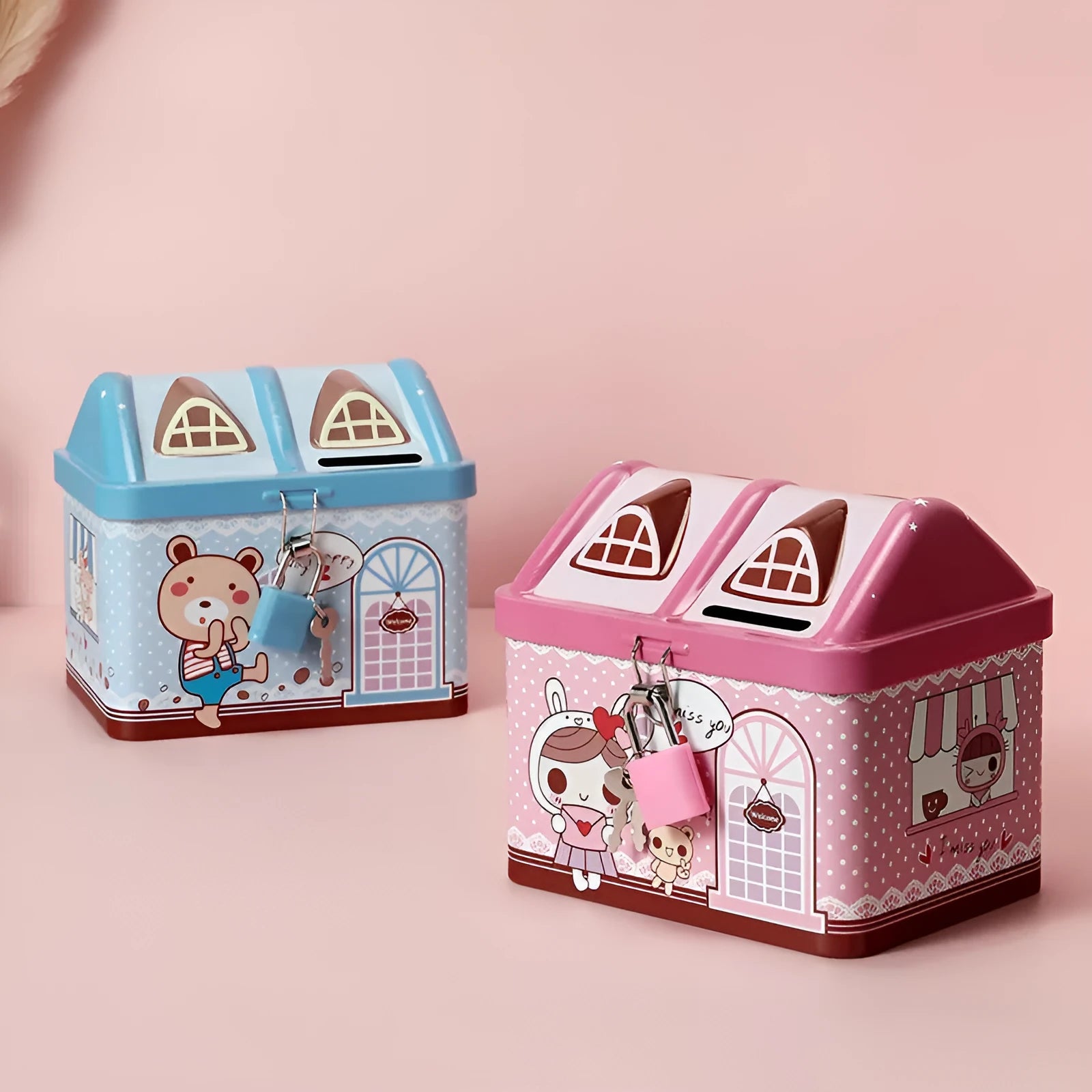 Blue house-shaped tinplate piggy bank on desktop with coin slot