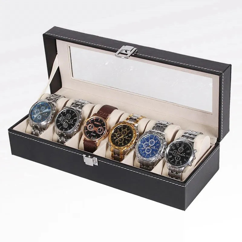 Black wooden watch jewellery box with six-digit display window measuring 30cm long by 11cm wide