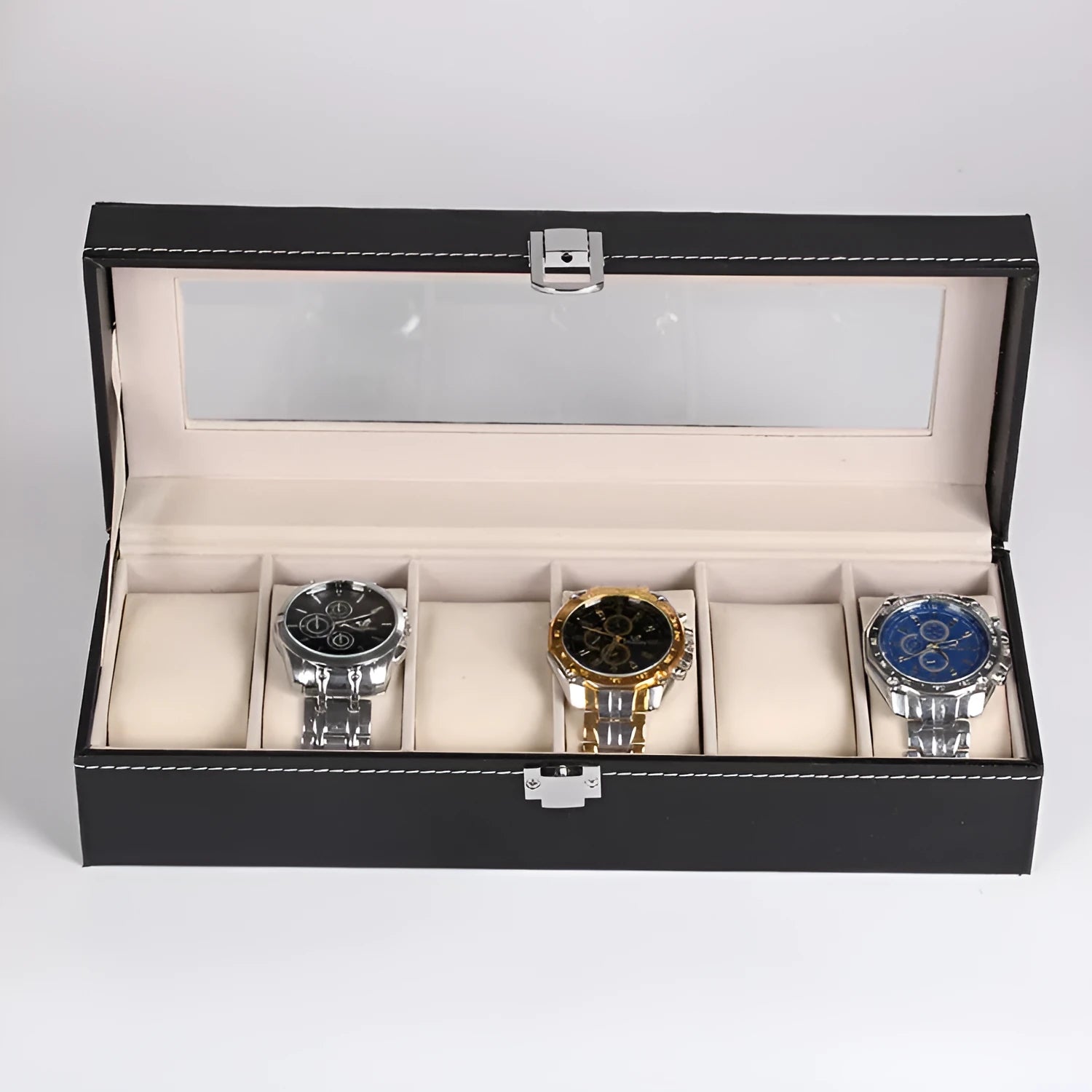 Black wooden watch jewellery box with six-digit display window measuring 30cm long by 11cm wide