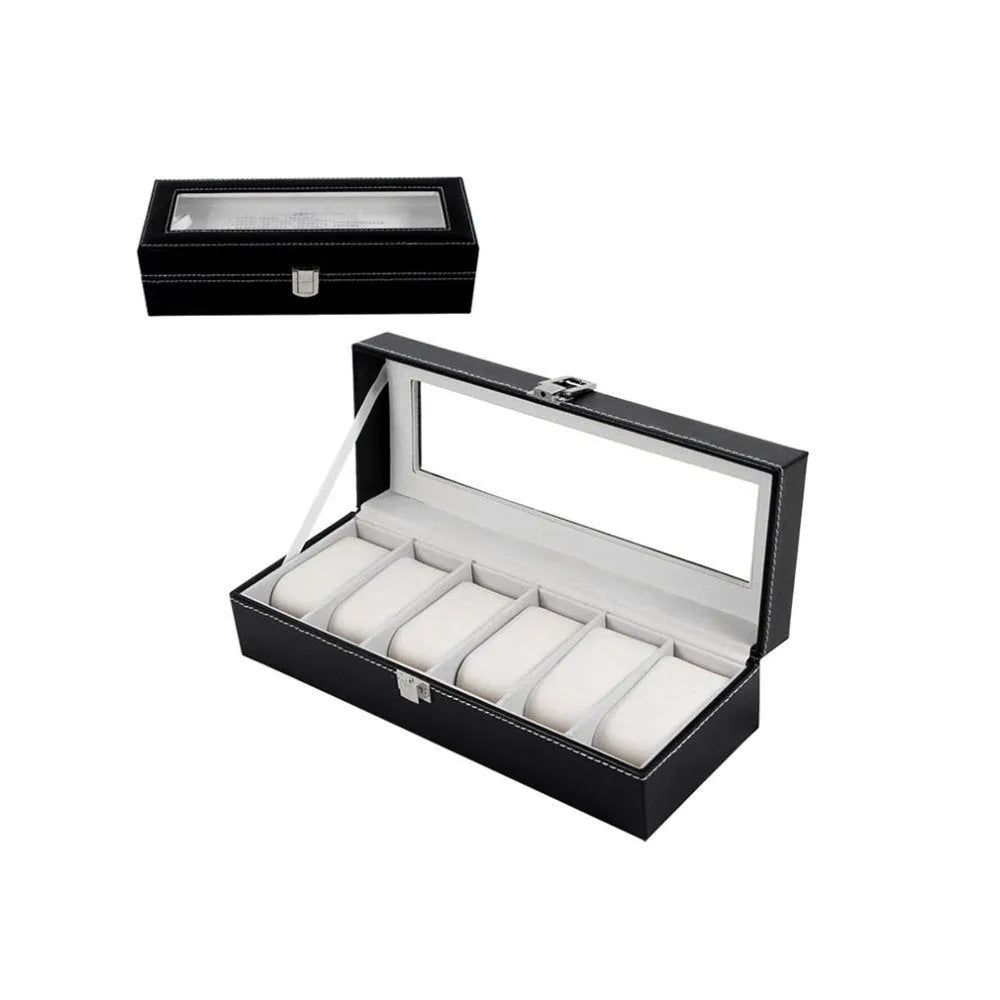 Black wooden watch jewellery box with six-digit display window measuring 30cm long by 11cm wide