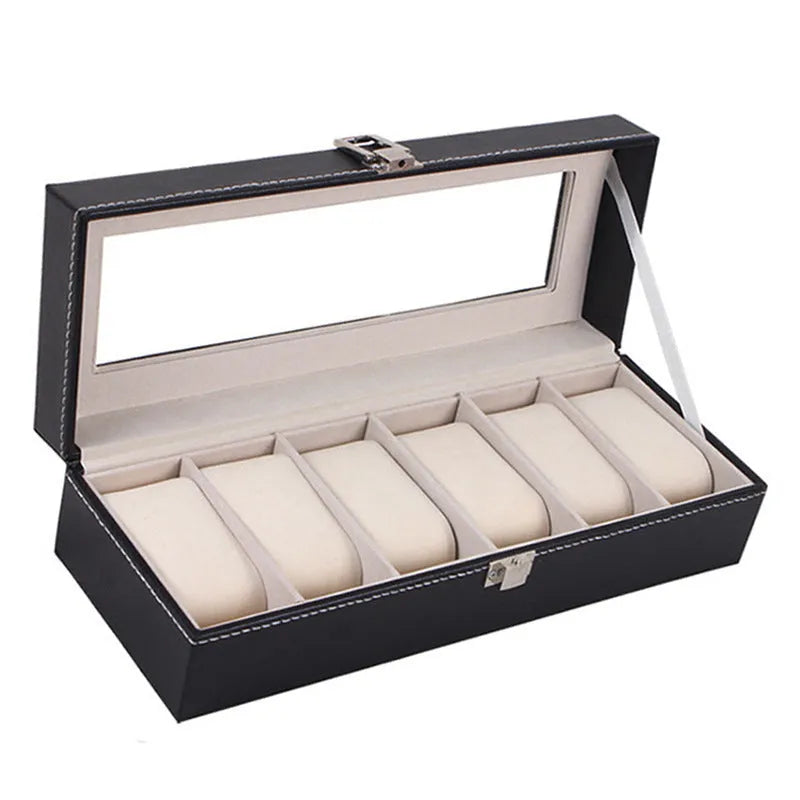 Black wooden watch jewellery box with six-digit display window measuring 30cm long by 11cm wide