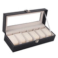 Black wooden watch jewellery box with six-digit display window measuring 30cm long by 11cm wide