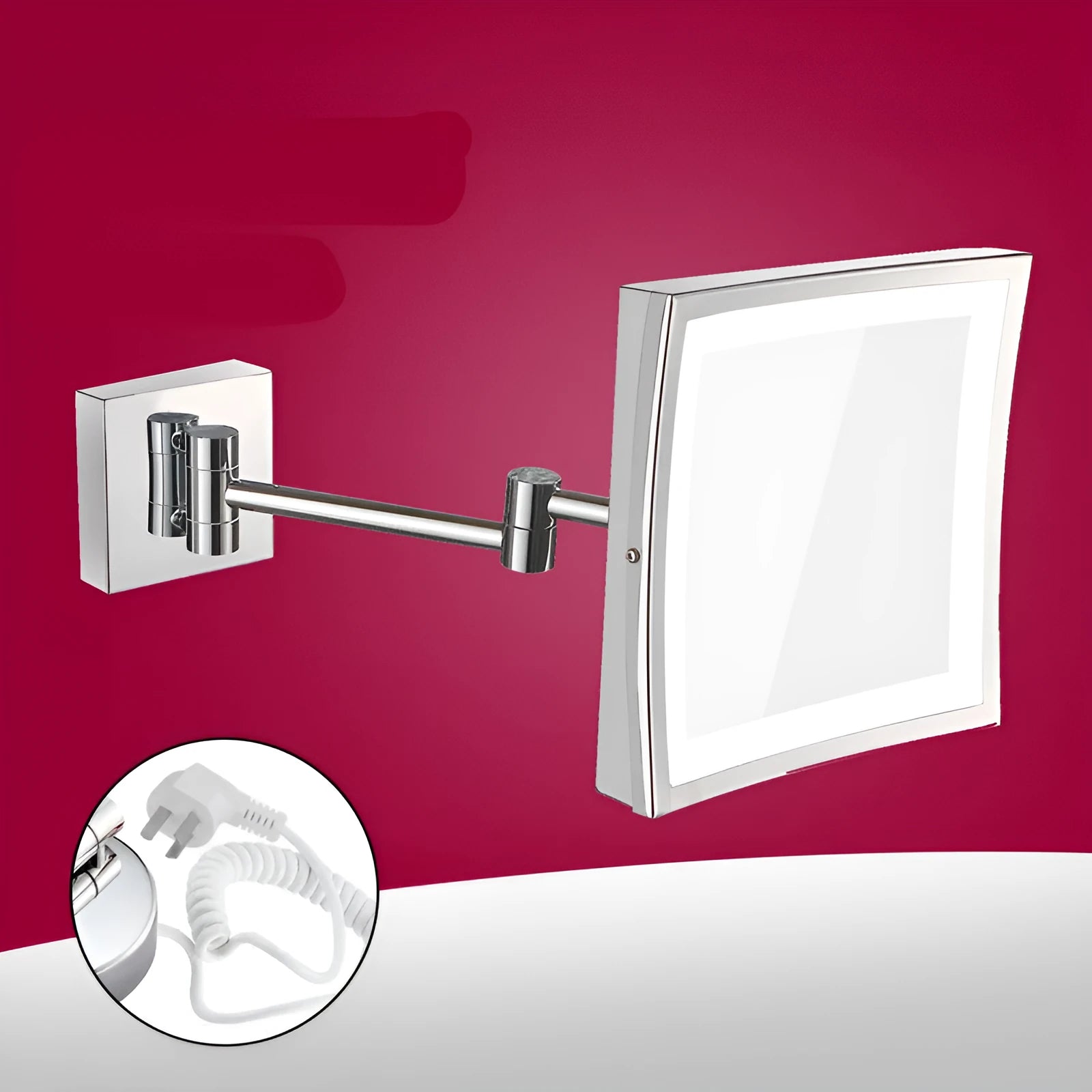 Stainless steel folding makeup mirror with 8.5-inch silver mirror lens in bathroom setting