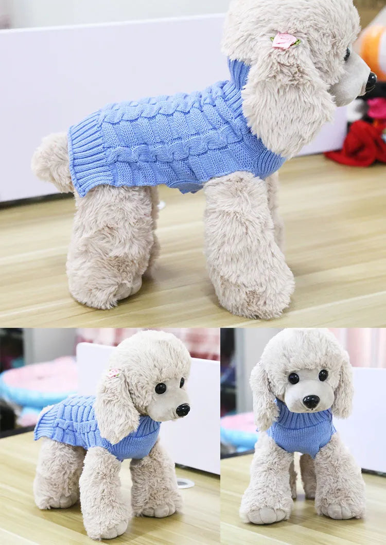 Blue cashmere twisted rope dog sweater on a mannequin showing chest and back length sizing.