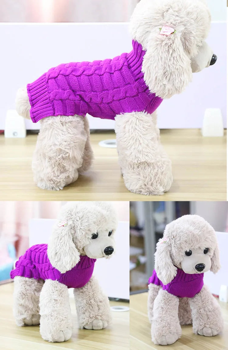 Blue cashmere twisted rope dog sweater on a mannequin showing chest and back length sizing.