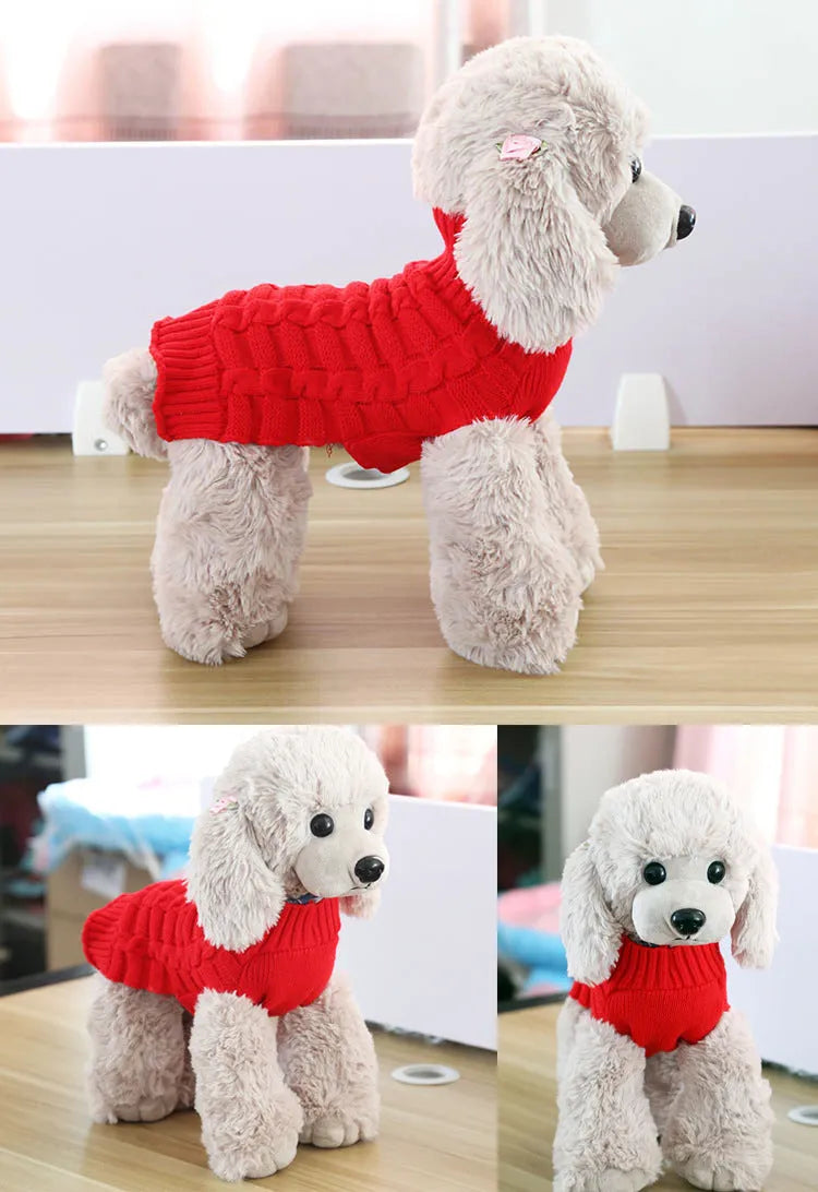 Blue cashmere twisted rope dog sweater on a mannequin showing chest and back length sizing.