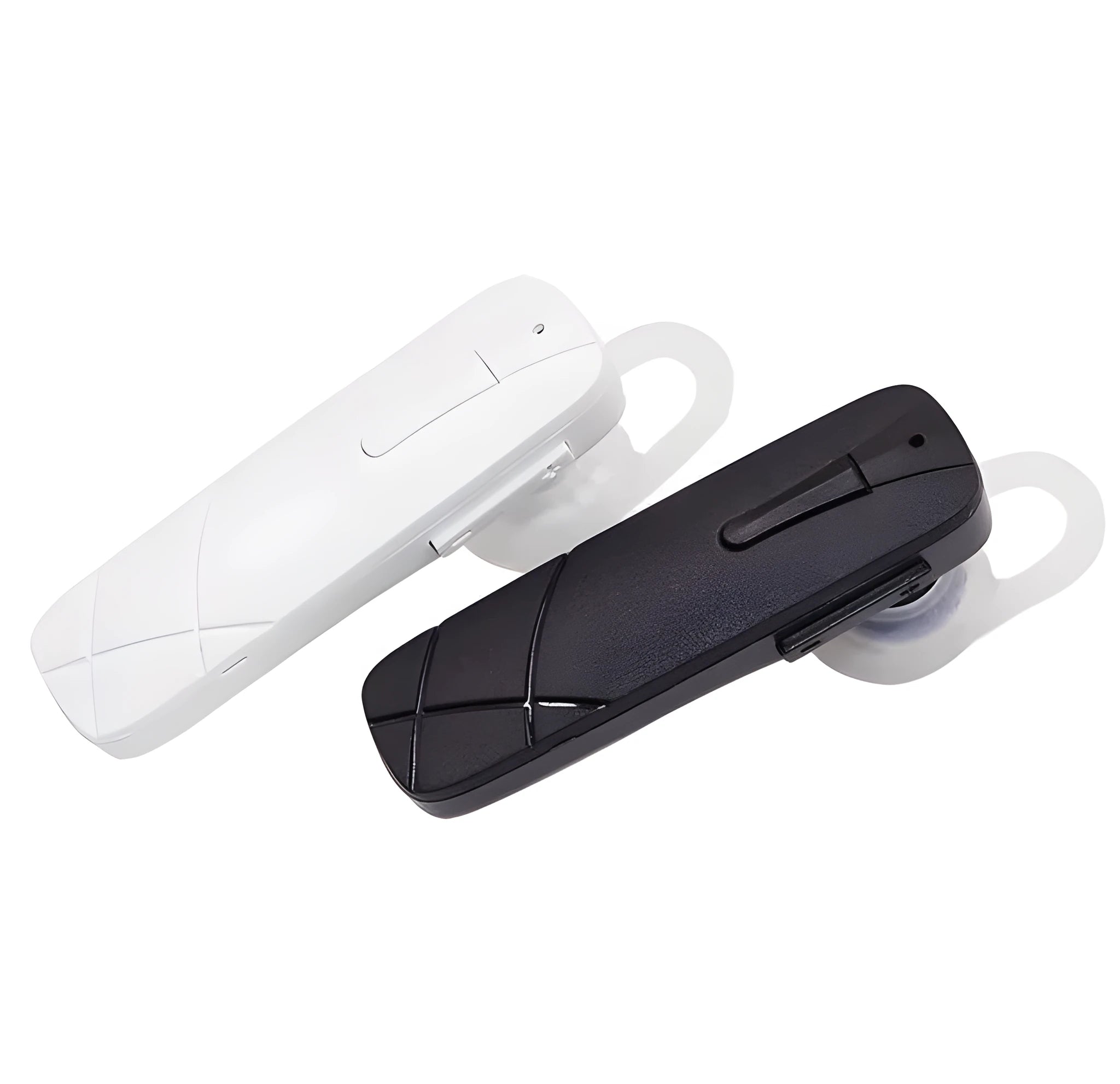 Black and white wireless Bluetooth earphones showing earbud design with 10-metre range and voice control features