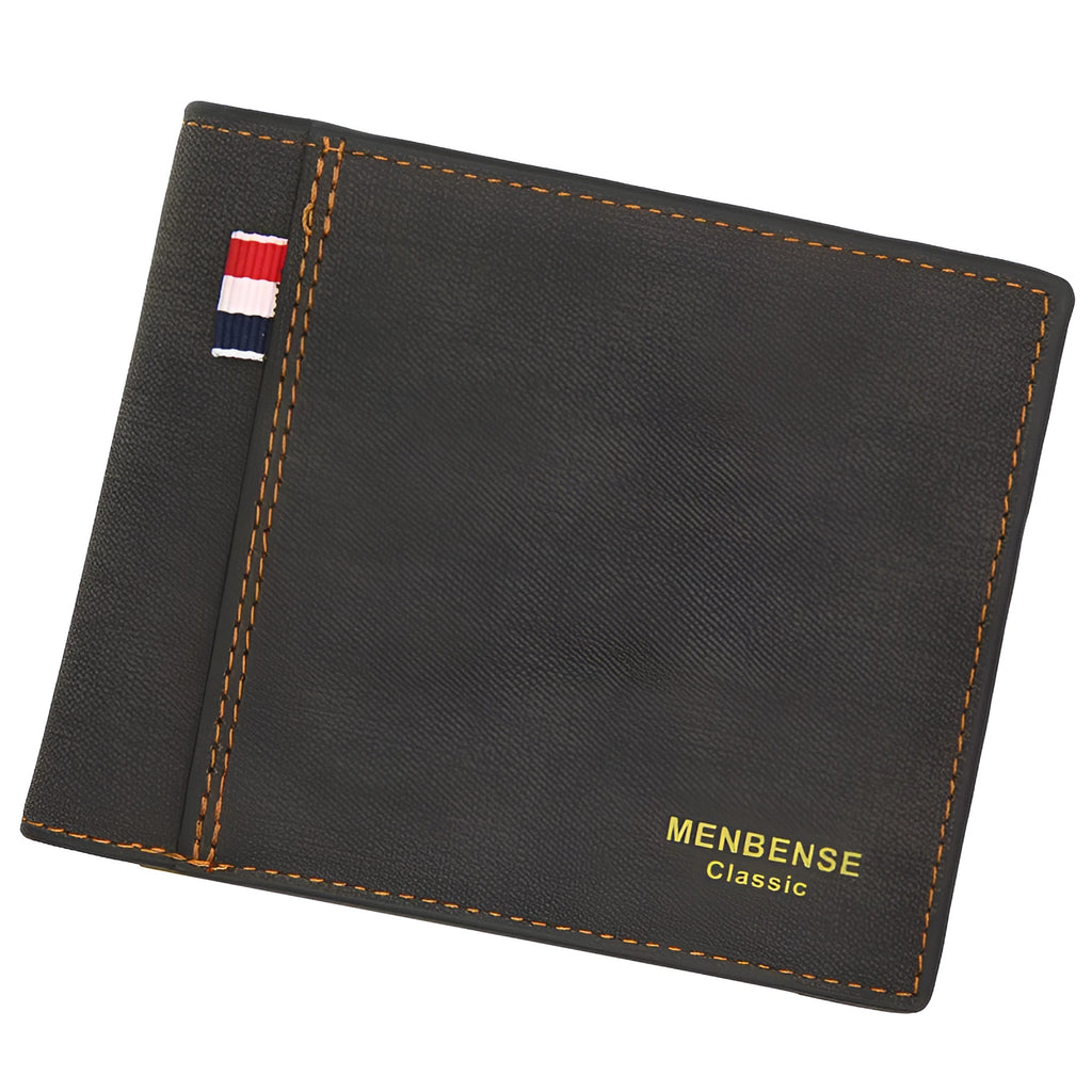 Men's short tri-fold wallet in retro design showing large capacity interior and four colour options