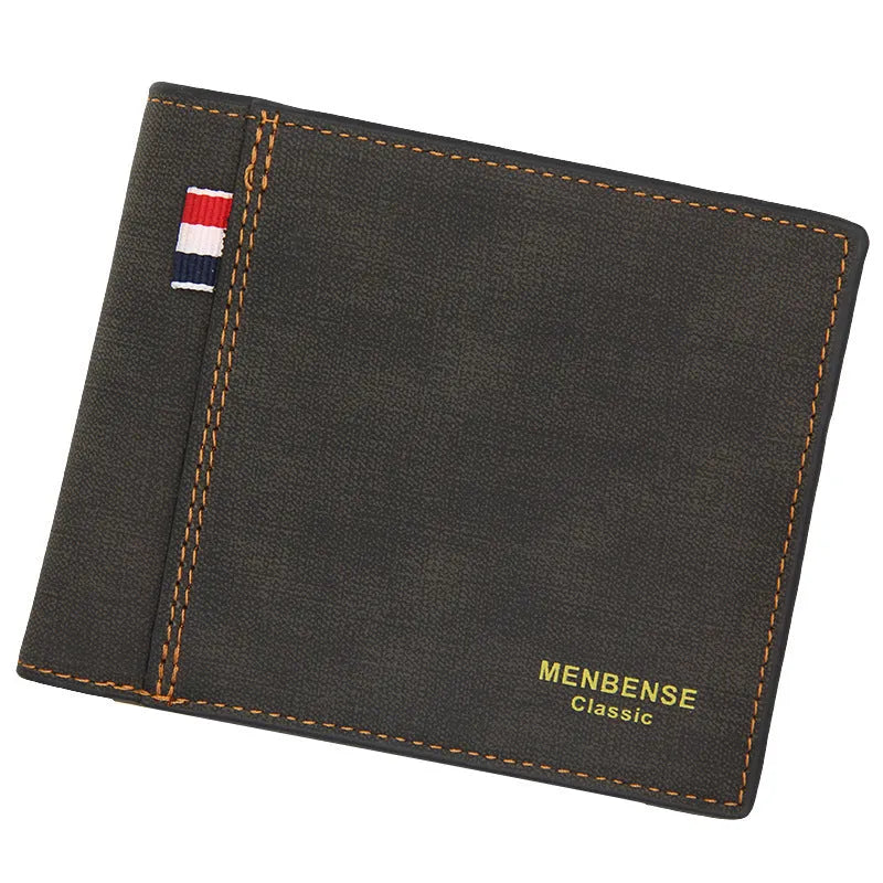 Men's short tri-fold wallet in retro design showing large capacity interior and four colour options