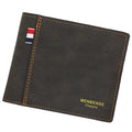 Men's short tri-fold wallet in retro design showing large capacity interior and four colour options