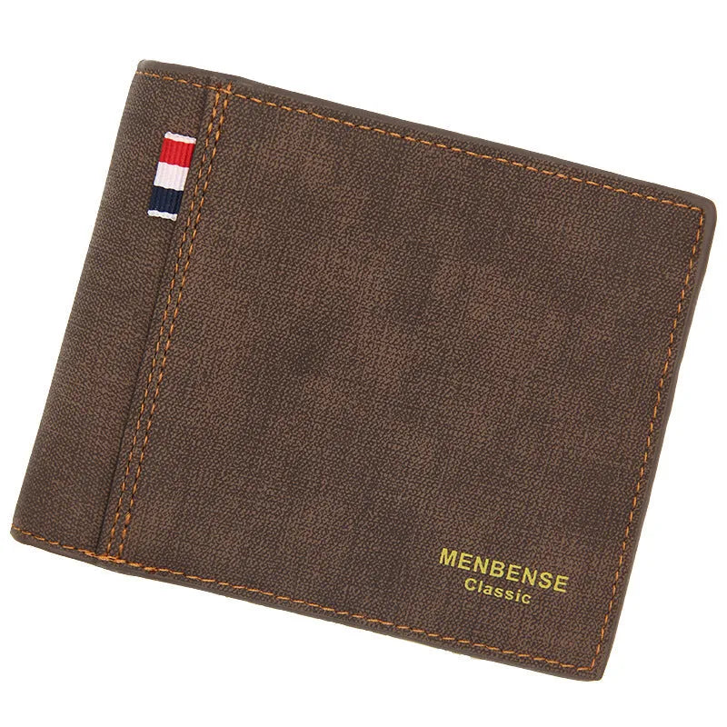 Men's short tri-fold wallet in retro design showing large capacity interior and four colour options