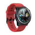 Black Android smart watch with round touch screen and silicone strap showing IP68 waterproof rating