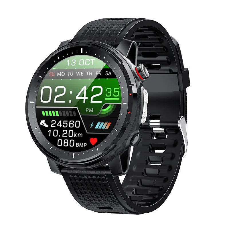Black Android smart watch with round touch screen and silicone strap showing IP68 waterproof rating