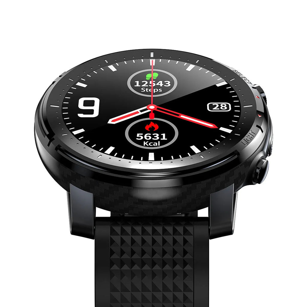 Black Android smart watch with round touch screen and silicone strap showing IP68 waterproof rating