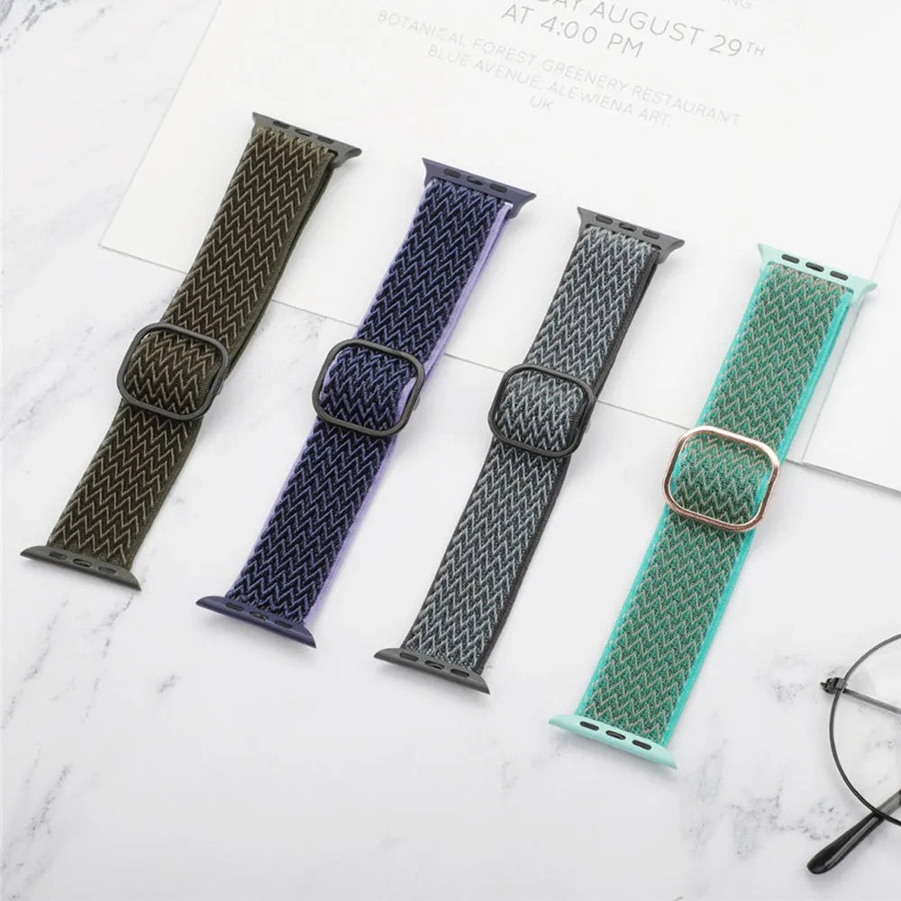 Braided nylon elastic Apple Watch strap with wave pattern in multiple colour options.