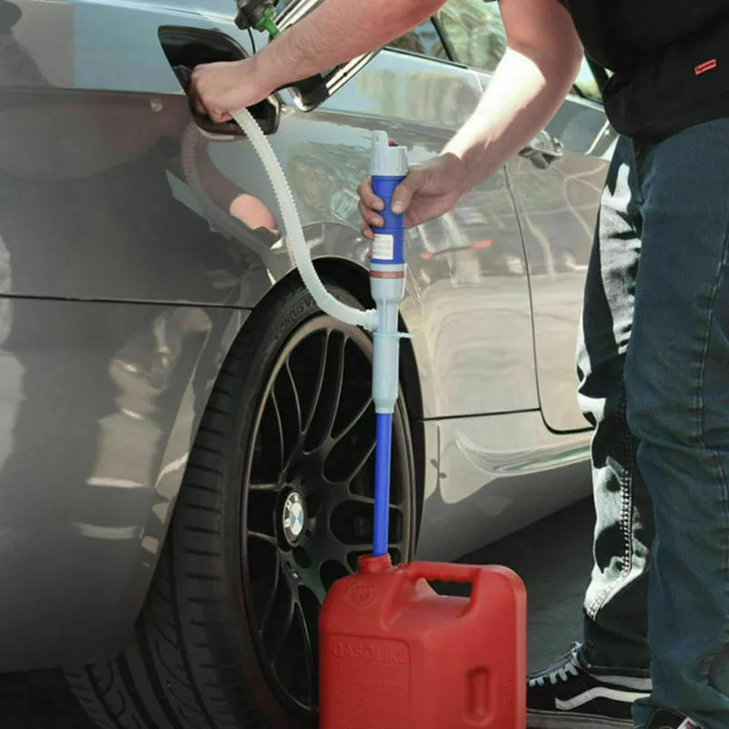 Blue and red manual hand siphon pump for car fuel and oil transfer