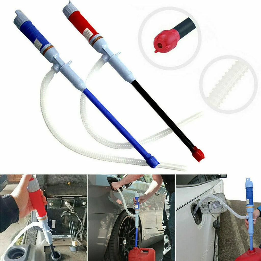 Blue and red manual hand siphon pump for car fuel and oil transfer