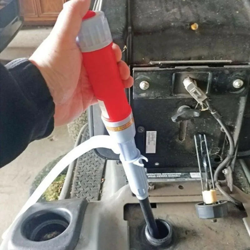 Blue and red manual hand siphon pump for car fuel and oil transfer