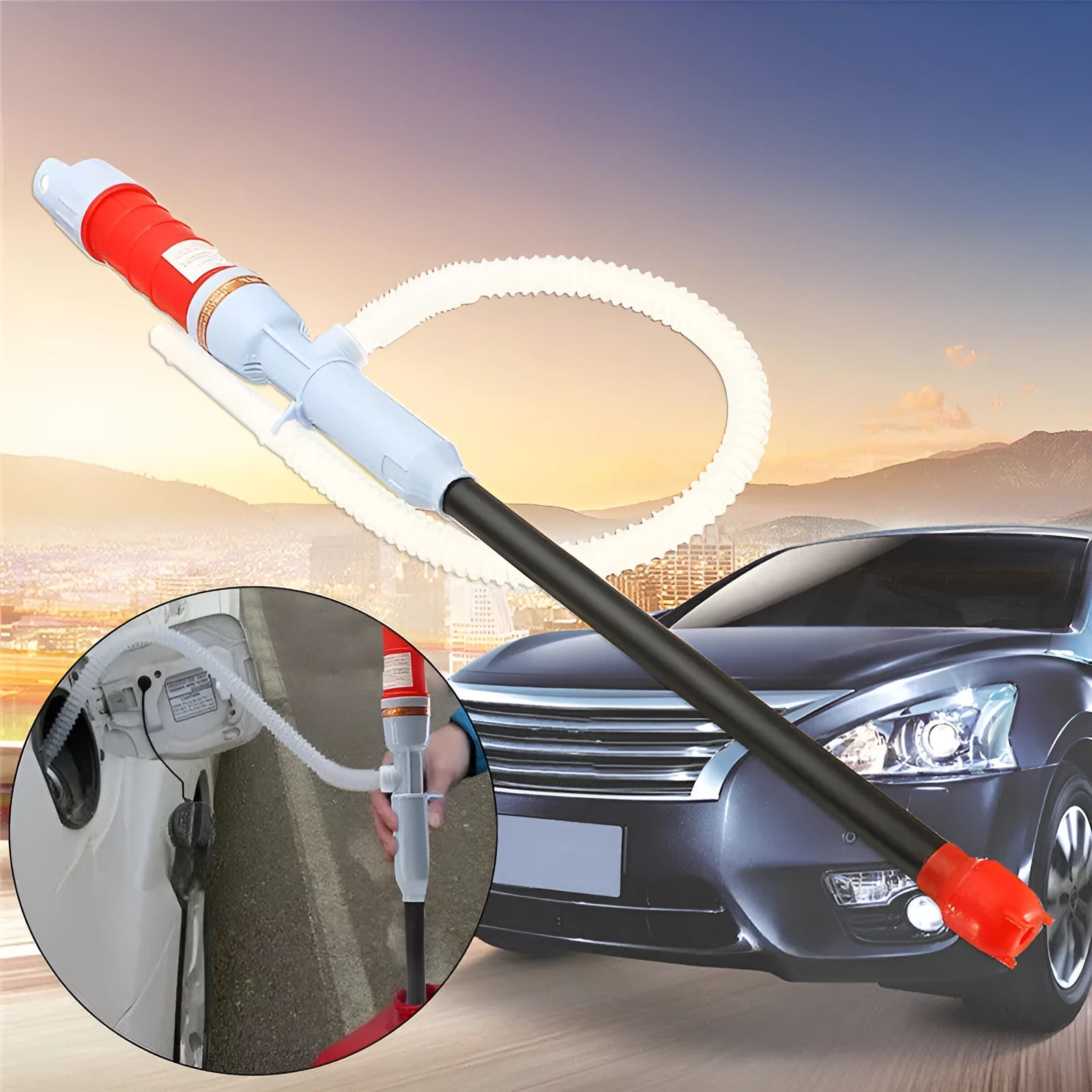 Blue and red manual hand siphon pump for car fuel and oil transfer
