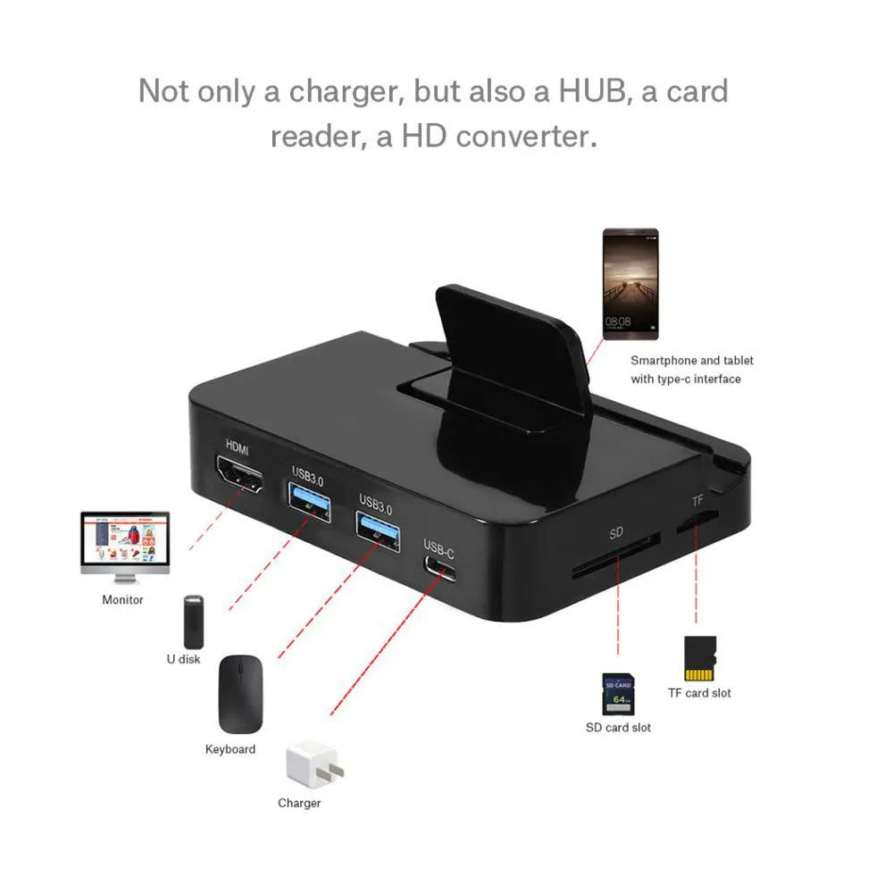 Black base mobile phone dock converter for smartphone to HD display connectivity