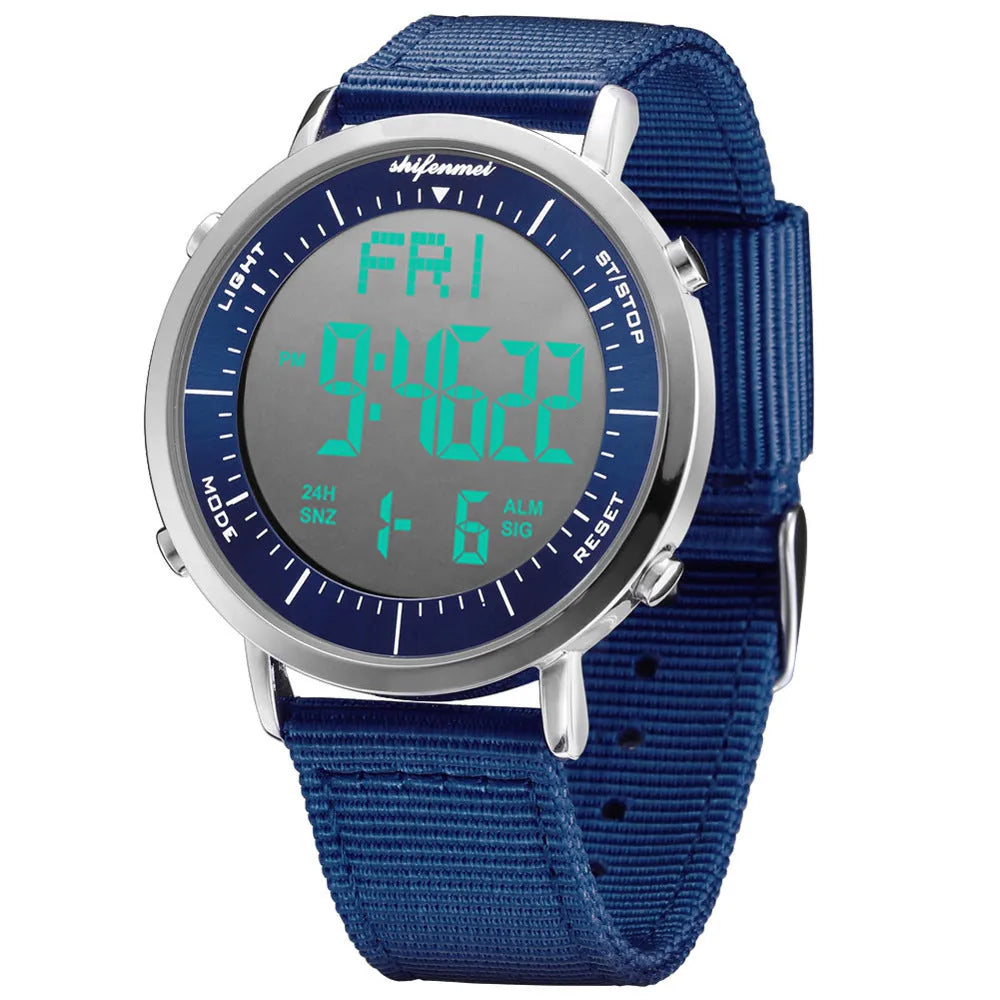 Shifenmei digital sports waterproof watch showing digital display and 10m water resistance rating