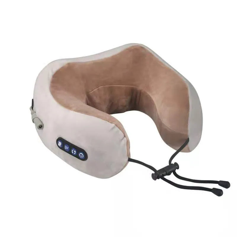 Brown U shaped electric neck massager with massage heads showing kneading and heating functions