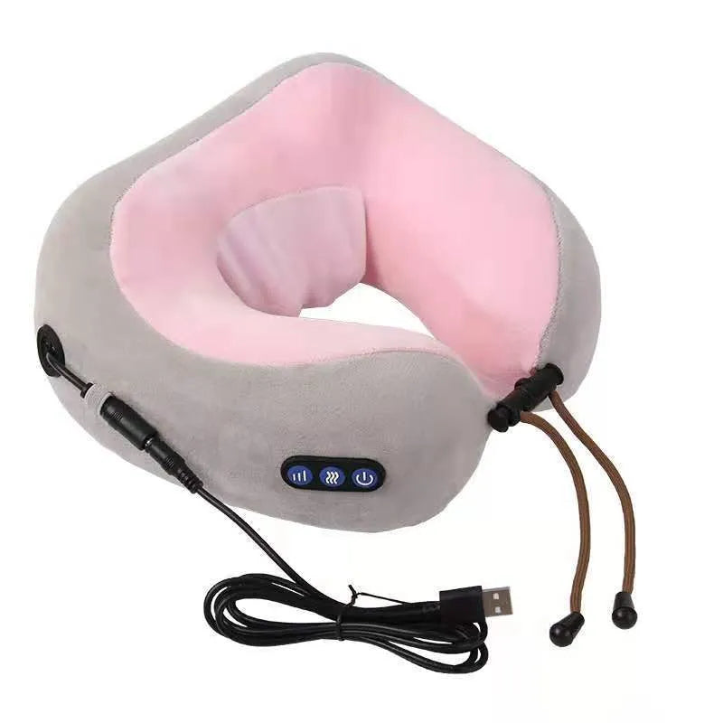 Brown U shaped electric neck massager with massage heads showing kneading and heating functions