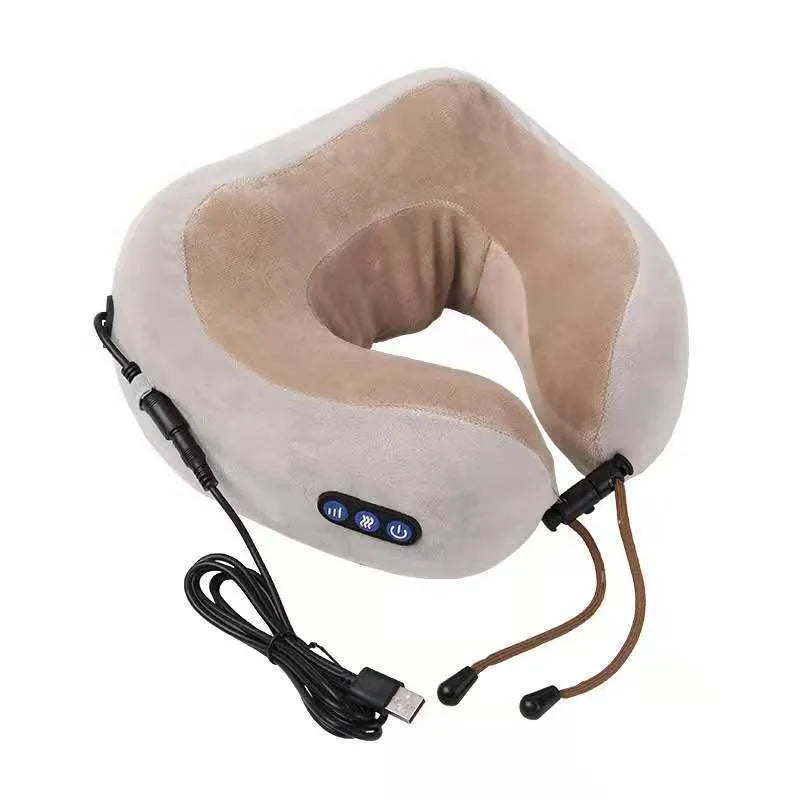 Brown U shaped electric neck massager with massage heads showing kneading and heating functions