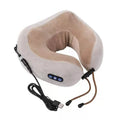 Brown U shaped electric neck massager with massage heads showing kneading and heating functions