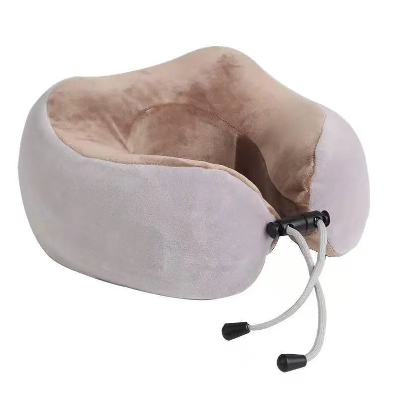 Brown U shaped electric neck massager with massage heads showing kneading and heating functions