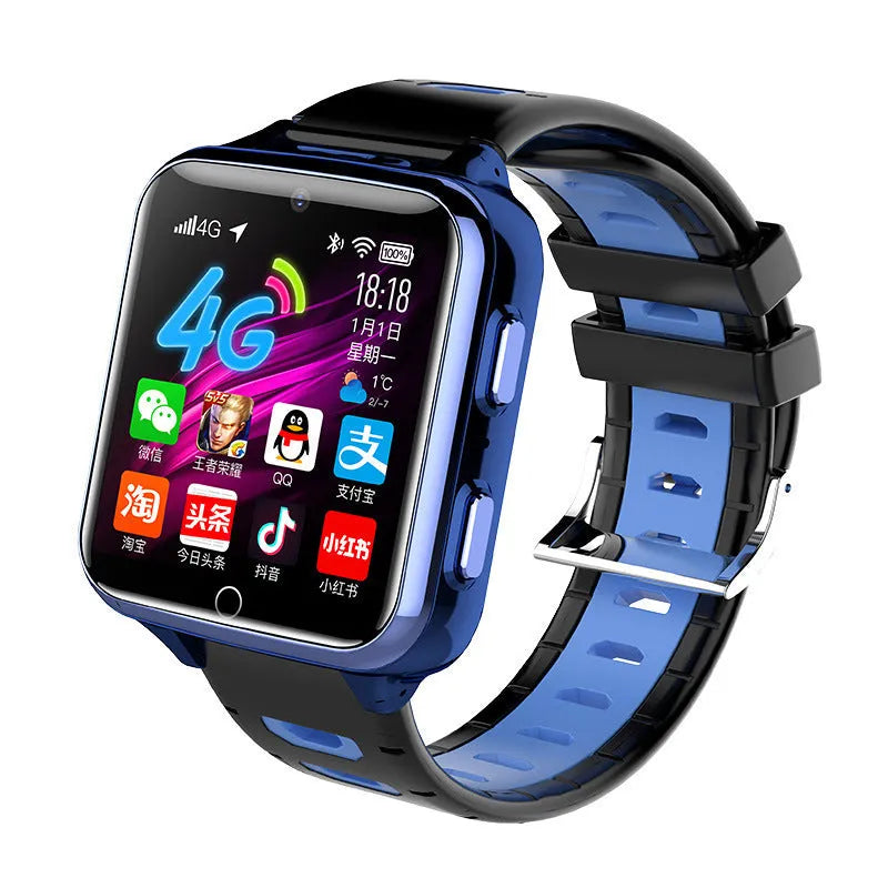 Children's smart watch with colour screen and silicone sport strap showing face recognition feature