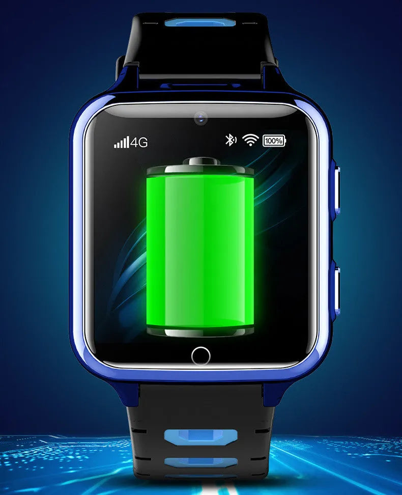 Children's smart watch with colour screen and silicone sport strap showing face recognition feature