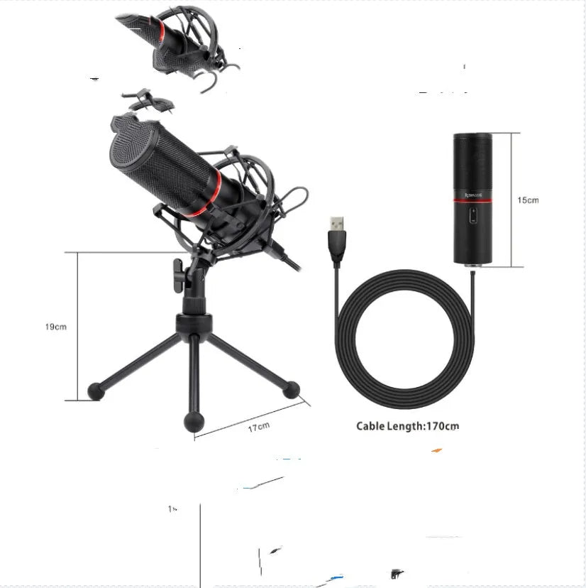 Black broadcast microphone with USB cable for gaming anchors and live singing with noise reduction technology