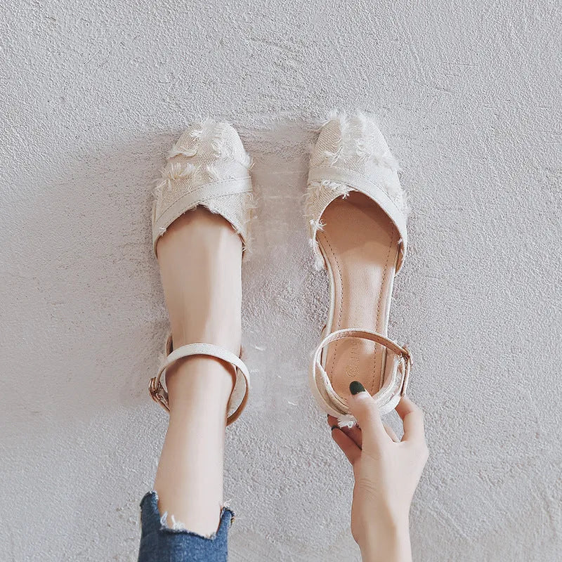 Women's apricot suede flats with an ankle strap and a low 3 cm heel, Dorsay style