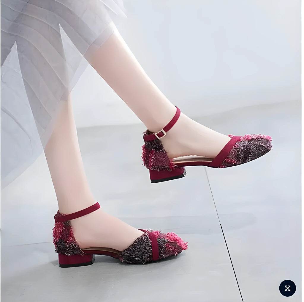 Women's apricot suede flats with an ankle strap and a low 3 cm heel, Dorsay style