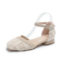 Women's apricot suede flats with an ankle strap and a low 3 cm heel, Dorsay style