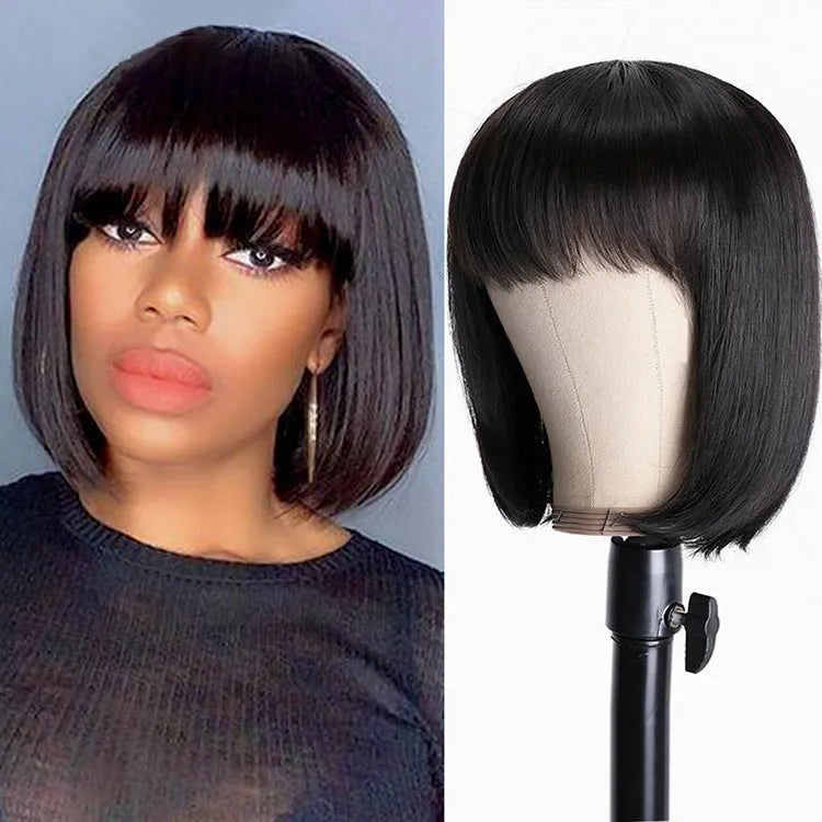 Unice Hair real human hair wig in black colour with 10 inch length on headgear