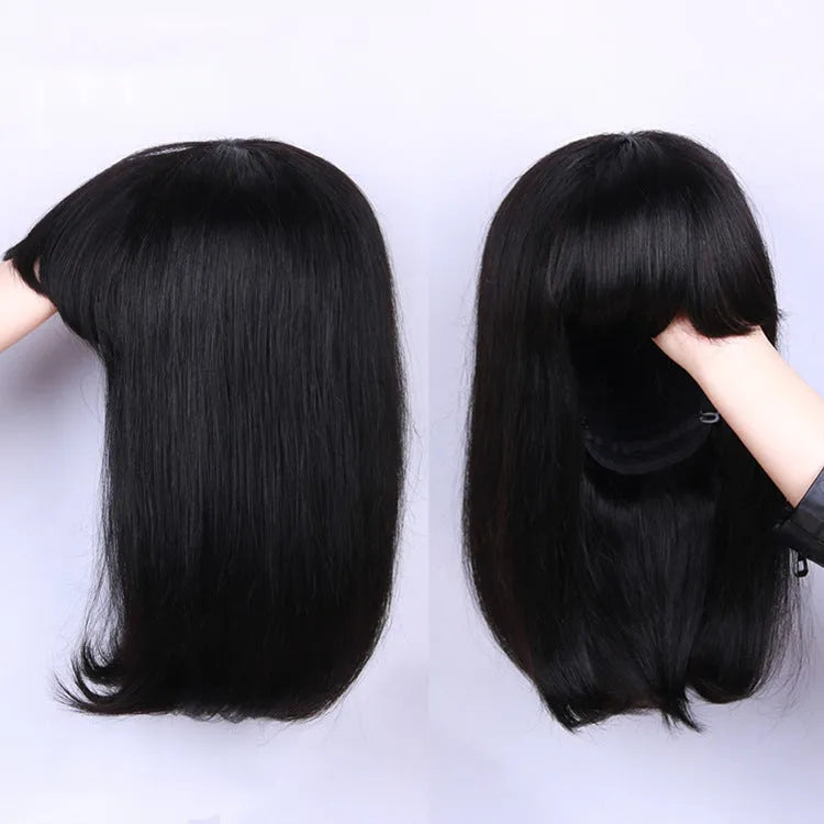 Unice Hair real human hair wig in black colour with 10 inch length on headgear