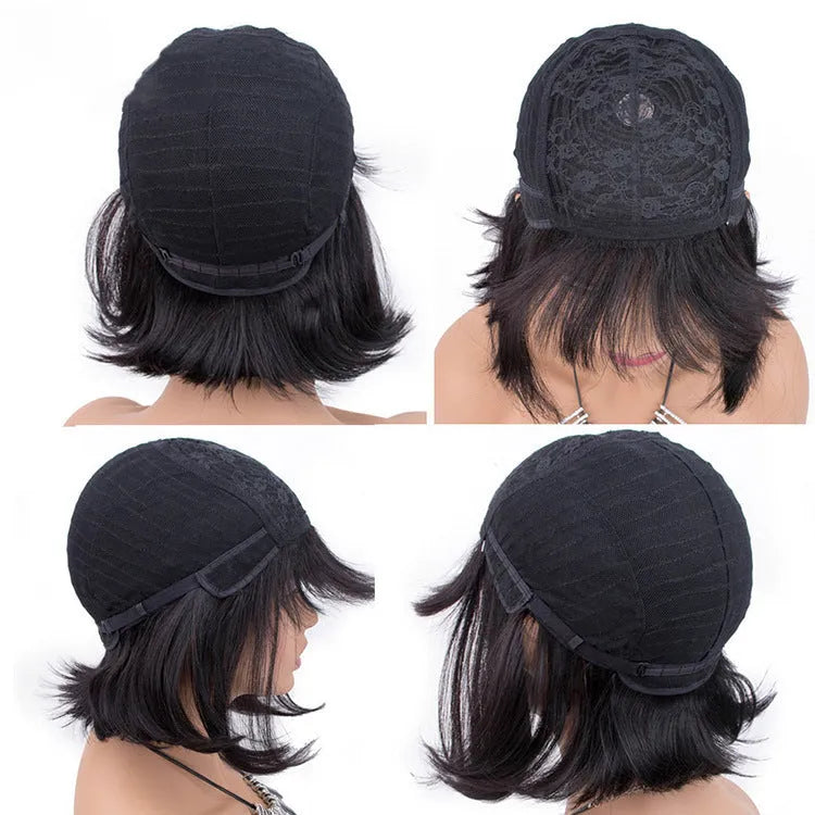 Unice Hair real human hair wig in black colour with 10 inch length on headgear